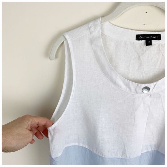 Gordon Smith Blue and White Linen Sleeveless Color-block Sheath Dress Sz 10 - Picture 6 of 15